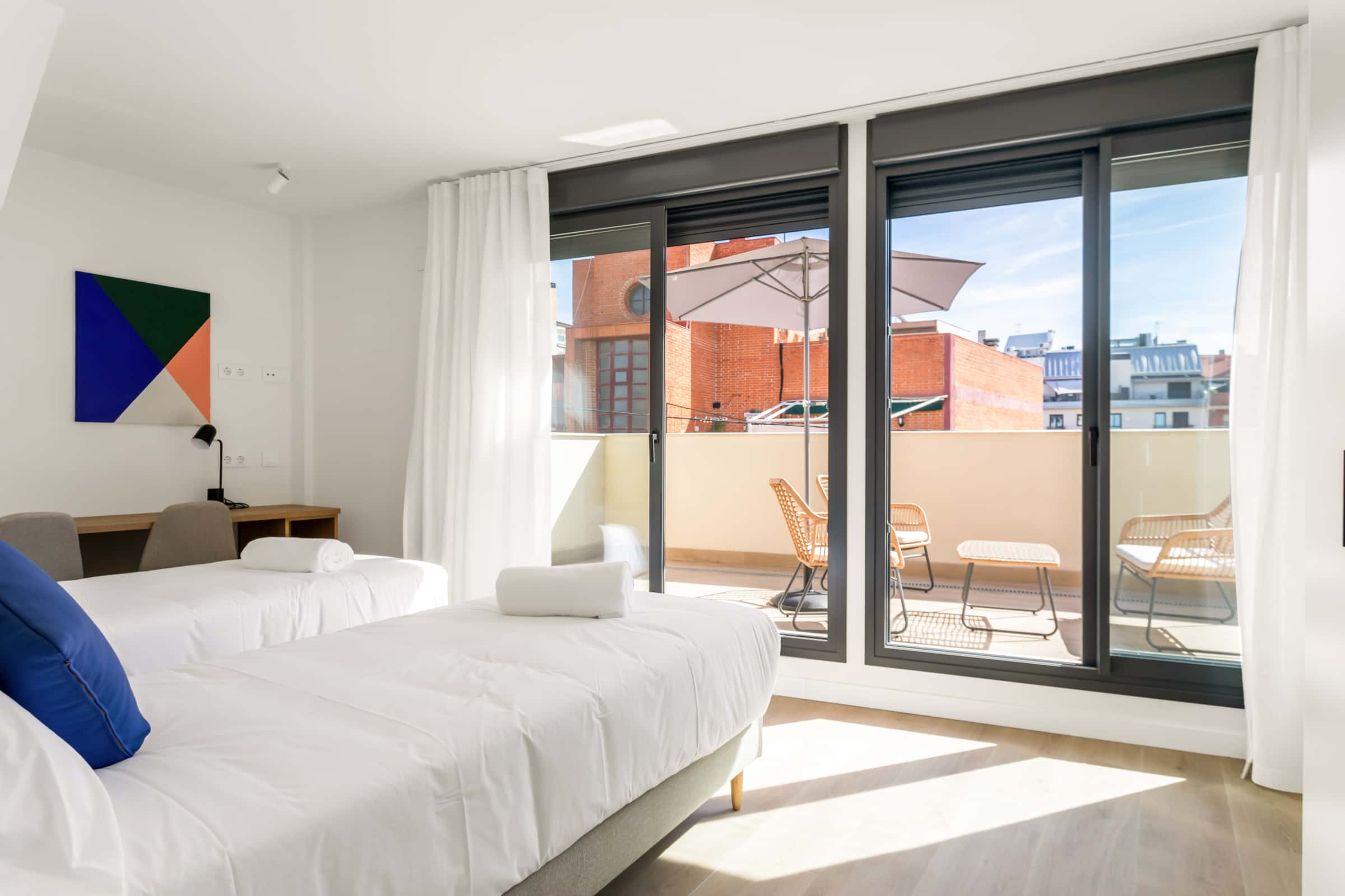 Twin bed   with private bathroom and terrace